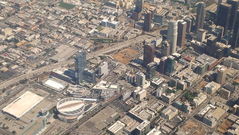 Aerial view of LA Live and South Park from the south (August 2014 neighborhood view; predates and does not show Circa)