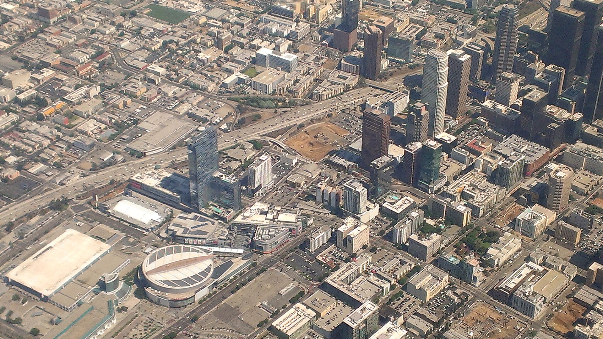 Aerial view of LA Live and South Park from the south (August 2014 neighborhood view; predates and does not show Circa)