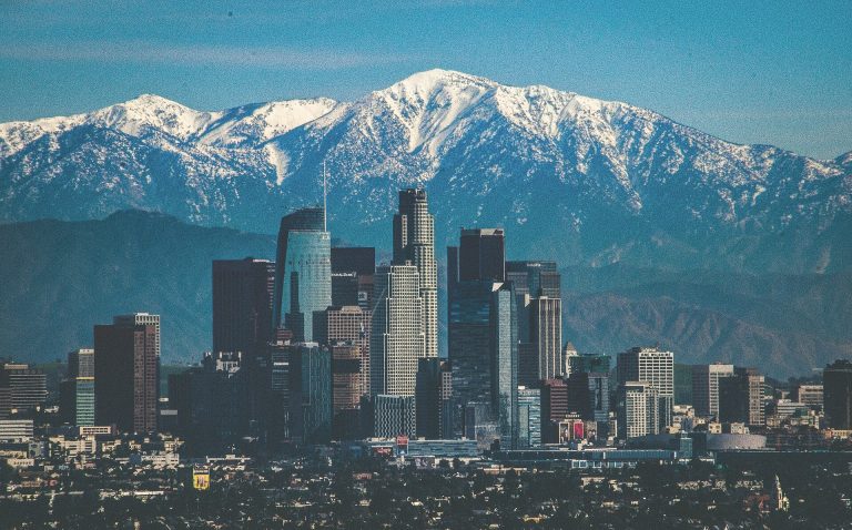 Downtown Los Angeles skyline with the San Gabriel Mountains (2016 neighborhood view; may not show THEA)