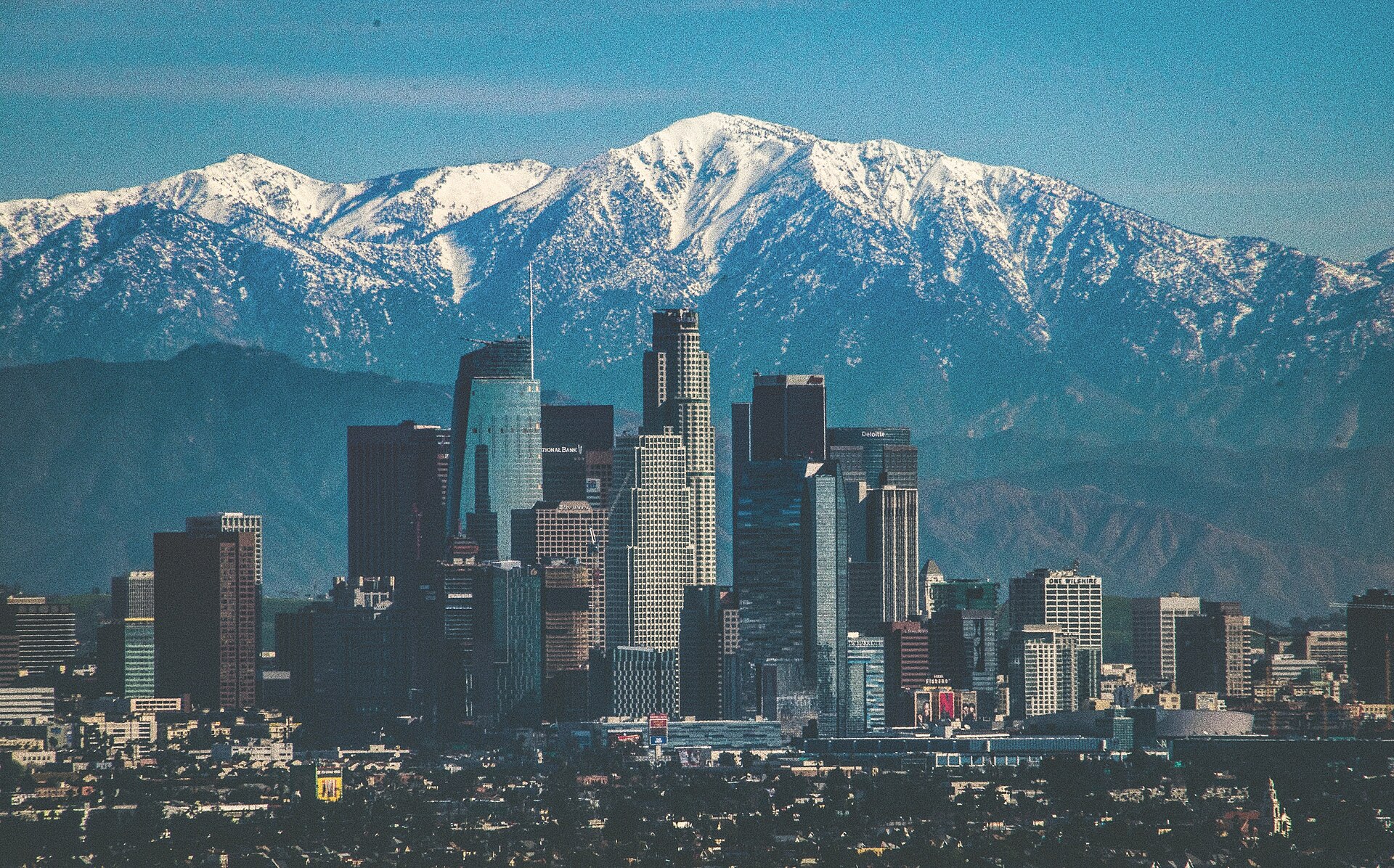 Downtown Los Angeles skyline with the San Gabriel Mountains (2016 neighborhood view; may not show THEA)